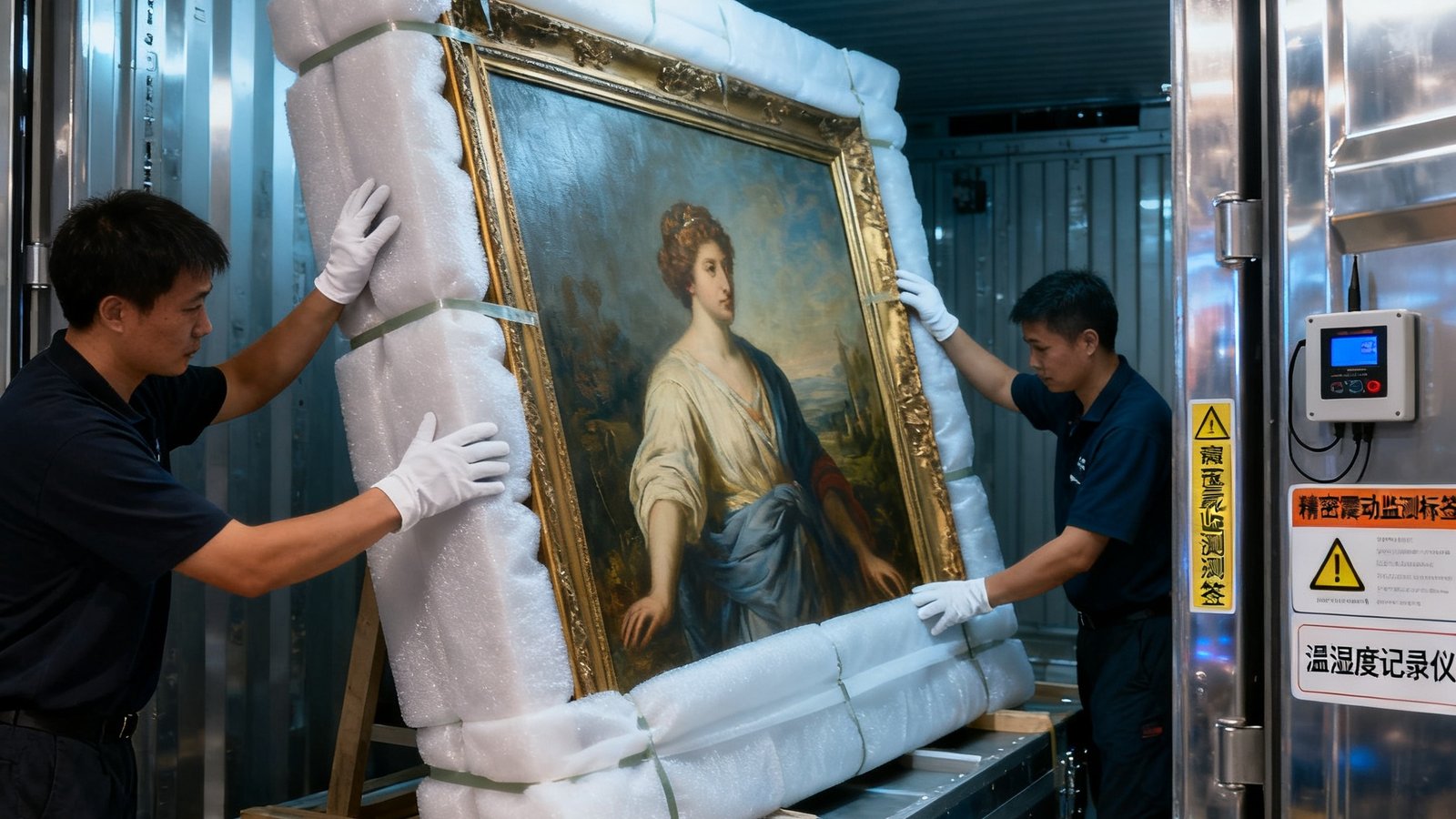专业艺术品物流团队在恒温恒湿集装箱内小心包装一幅大型油画，工作人员佩戴白手套使用特制缓冲材料进行多层包裹，箱体外部贴有精密震动监测标签和温湿度记录仪