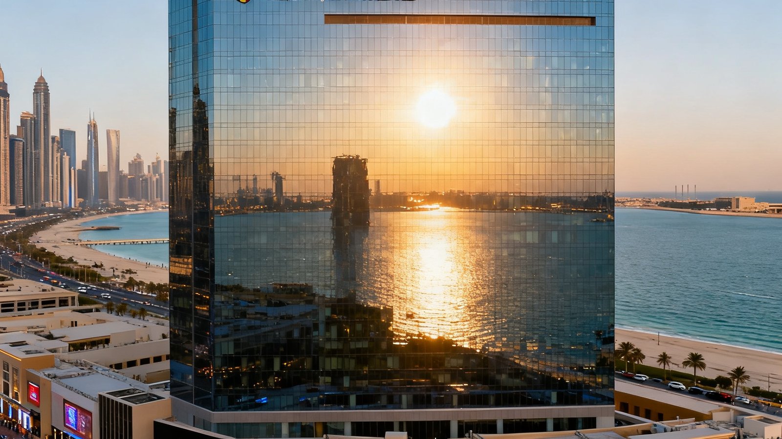 迪拜市中心现代化写字楼外景，俄罗斯贵宾会集团迪拜运营中心位于该建筑第22层，玻璃幕墙反射着阿拉伯湾的阳光，楼下是繁华的商业街区