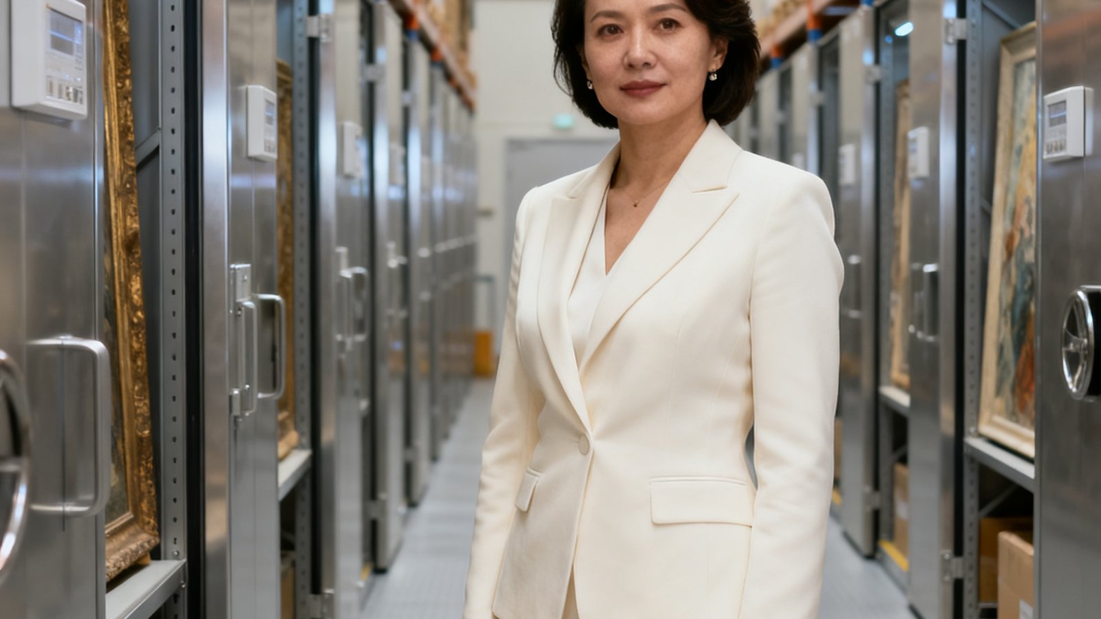 俄罗斯贵宾会集团首席运营官林婉清的职业肖像照，她身穿米白色职业套装站在艺术品仓库内，背景是整齐排列的恒温恒湿存储柜，展现专业干练的物流管理专家形象